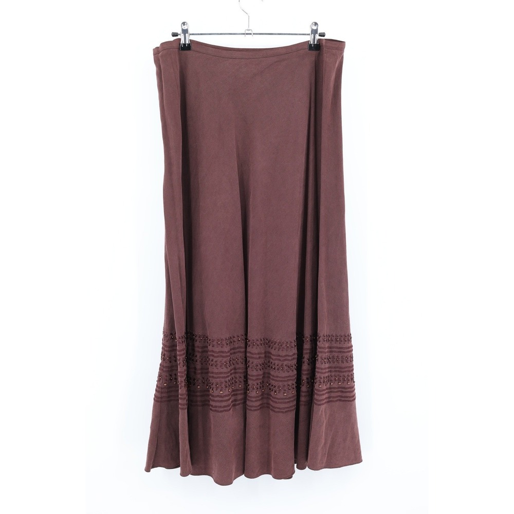 Silk Blend Beaded Midi‎ Skirt 12 Plum Brown Embroidered Boho Romantic Flowy - Picture 4 of 6